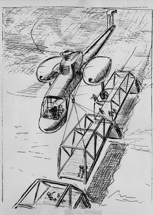 These drawings from the January 1958 issue of United Aircraft's Bee Hive magazine were drawn by Sergei Sikorsky, Igor’s son, after a lengthy discussion with his father about the Skycrane concept.