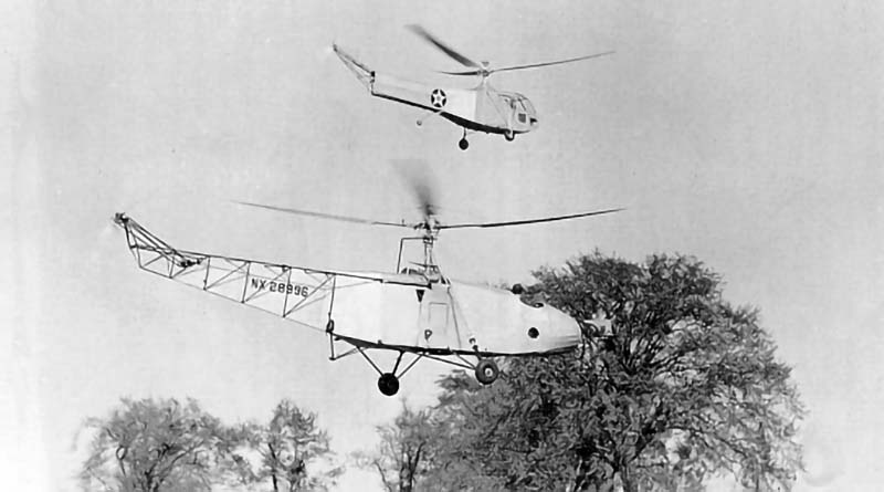 The first helicopter formation flight, with Igor Sikorsky piloting the VS-300 and Charles Lester Morris piloting the XR-4.