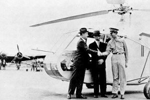 Lt. Col. H. F. Gregory Congratulates Mr. Sikorsky on the Successful Completion of the XR-4’s Delivery Flight, while Mr. Orville Wright Smiles his Approval